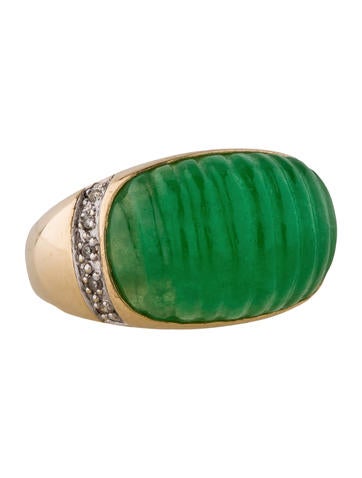 14K Carved Chrysoprase and Diamond Ring